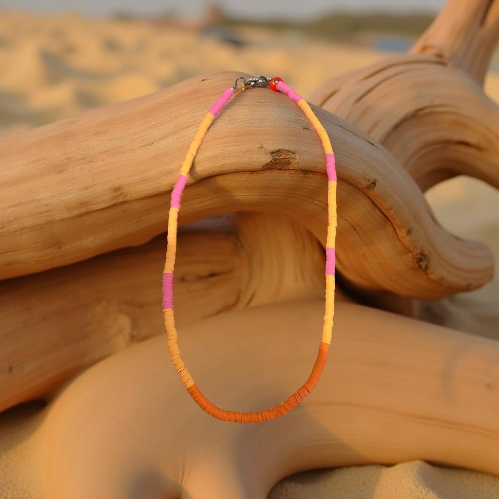 Orange /Pink Fimo beaded Necklace 20 inches